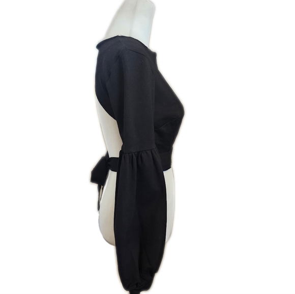 Topshop Black Stretchy Crop Top, Open Back Tie Bow Bishop Sleeves, Size 8 - Picture 3 of 11